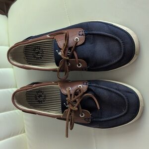 POLO Ralph Lauren Men's Rylander Boat Deck Shoes‎ 10.5D Blue Canvas Brwn Leather